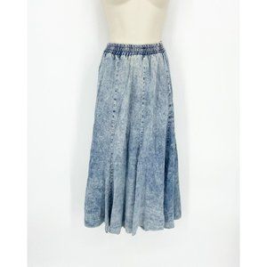 Vintage 90s Womens Acid Wash Midi Flare Skirt Pull On Blue Casual Retro